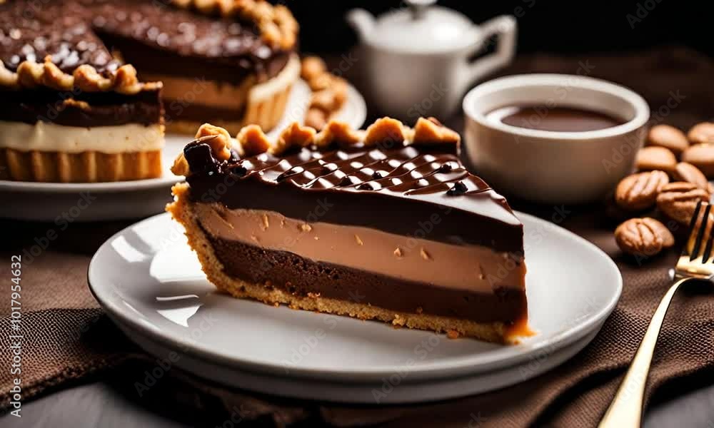 A slice of delicious chocolate pie on the table. Nut and caramel cake with chocolate on a white plate A slice of delicious chocolate pie on the table. Nut and caramel cake with chocolate on a white plate