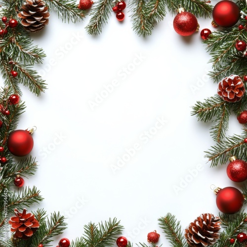 Festive holiday decoration with pine branches, ornaments, and pine cones set ...