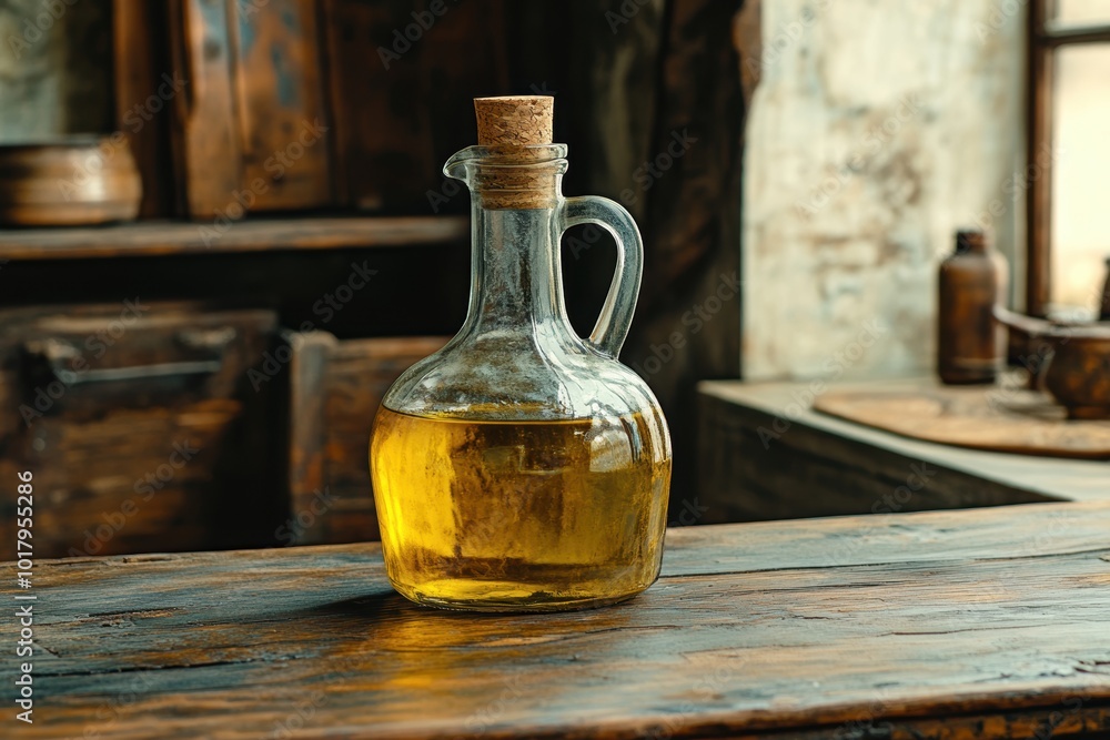 food photography, old-fashioned olive oil bottle on rustic table in soft sunlight, showcasing its deep golden hue food photography, old-fashioned olive oil bottle on rustic table in soft sunlight, showcasing its deep golden hue
