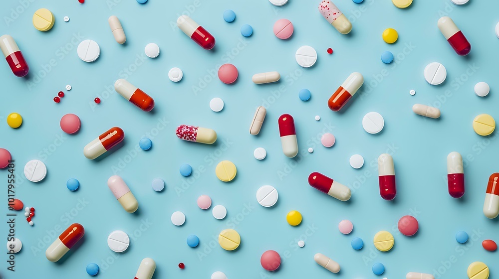 A variety of multicolored antibiotic pills spread across a light blue backdrop, showcasing a visually appealing still life of pharmaceuticals A variety of multicolored antibiotic pills spread across a light blue backdrop, showcasing a visually appealing still life of pharmaceuticals