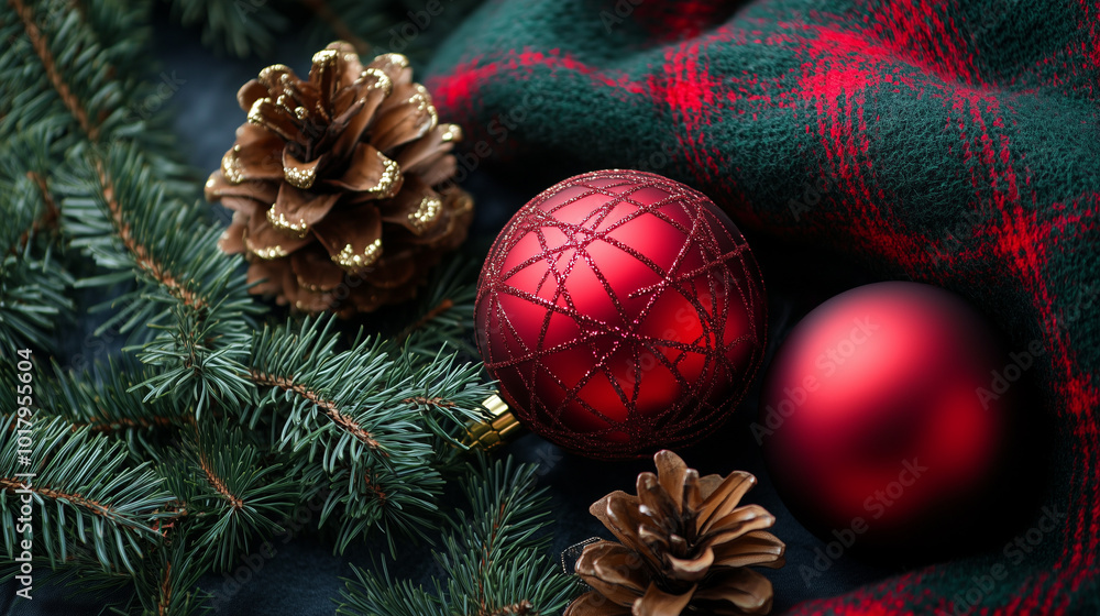 Pine branches, pine cones, and red ornaments on plaid fabric Pine branches, pine cones, and red ornaments on plaid fabric