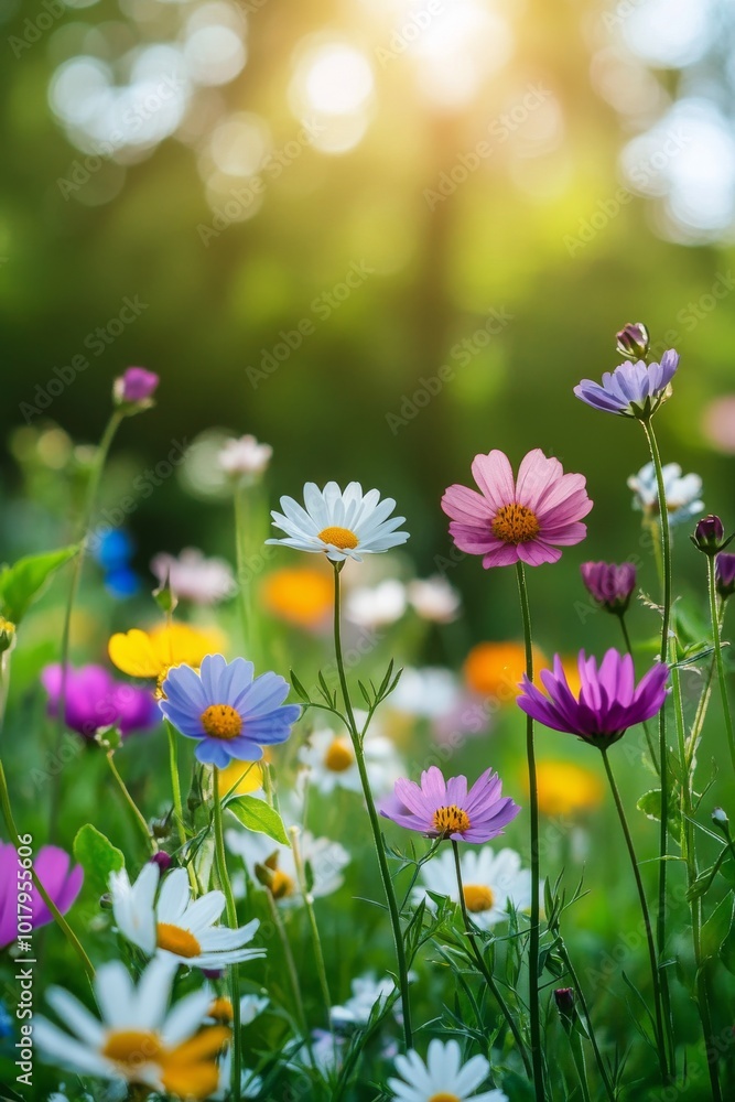 Fototapeta premium Colorful wildflowers blooming in a sunlit garden during springtime