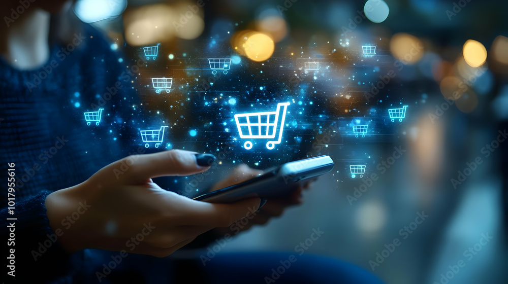 A person using a smartphone with a shopping cart graphic overlay. A person using a smartphone with a shopping cart graphic overlay.