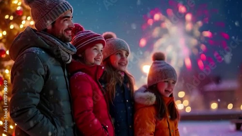 Family Watching Fireworks on Christmas Night with Beautiful Snowfall, A Magical Celebration