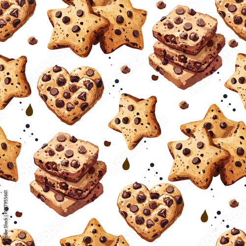 Vector pattern of cookies with chocolate chips. Cookie day. Box, packaging of cookies with chocolate crumbs.