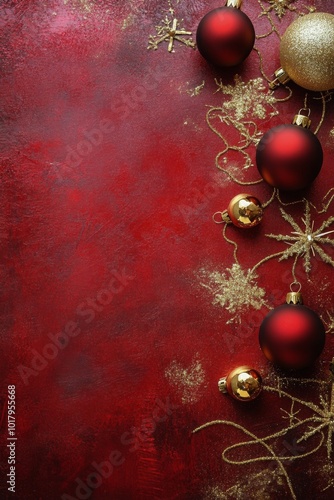 Festive red background adorned with gold and red Christmas ornaments and deco...