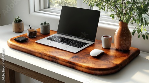 Wallpaper Mural Minimalist Workspace with a Wooden Laptop Stand Torontodigital.ca