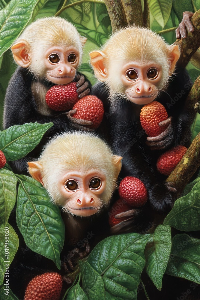 Three playful monkeys holding lychee fruits among lush green leaves. Three playful monkeys holding lychee fruits among lush green leaves.