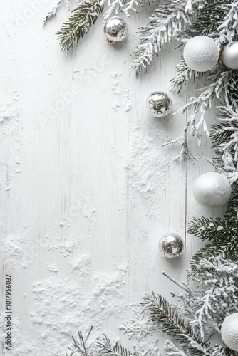 Winter holiday decoration featuring silver ornaments and pine branches on a s...