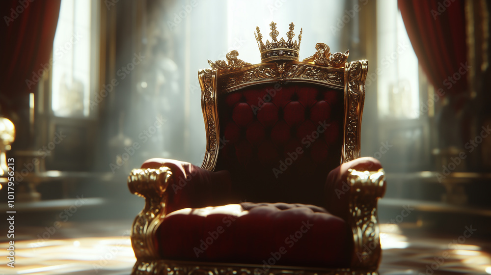 An Empty Royal Throne Adorned With a Crown Reflects the Grandeur of a Kingdom in a Sunlit Chamber Filled With History