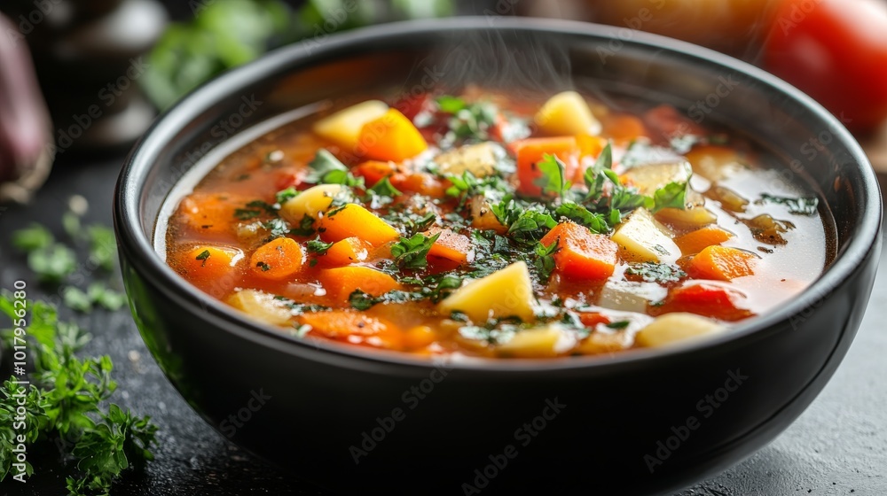 A steaming bowl of hearty vegetable soup richly filled with assorted vegetables like carrots, potatoes, and herbs, ideal for a comforting meal on a chilly day. A steaming bowl of hearty vegetable soup richly filled with assorted vegetables like carrots, potatoes, and herbs, ideal for a comforting meal on a chilly day.