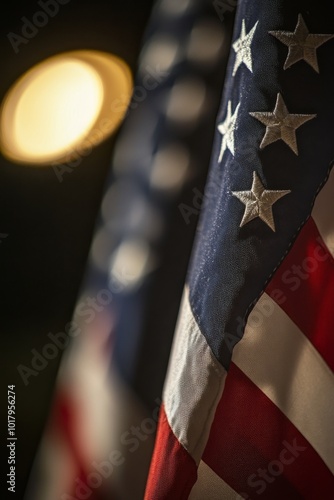 American flag illuminated by sunlight, showcasing rich colors and detailed st...
