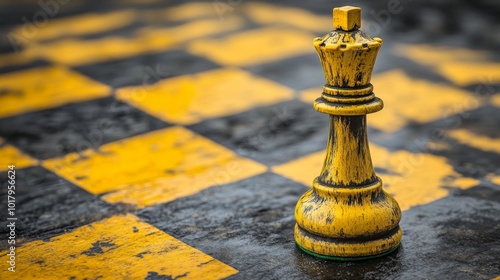 A timeworn yellow queen chess piece sits prominently on a black and yellow checkered board, symbolizing strategy and resilience in an abstract environment.
