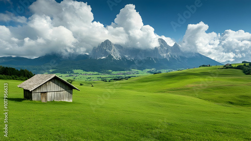 Wooden cabin in a mountain valley.