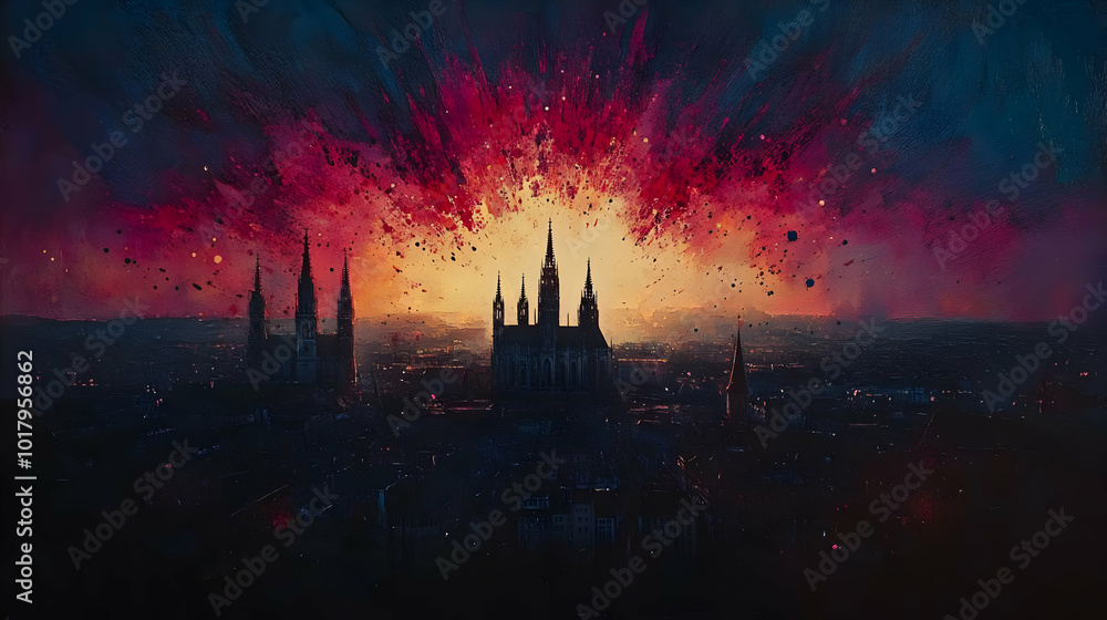 Naklejka premium Cityscape Sunset with Cathedral.