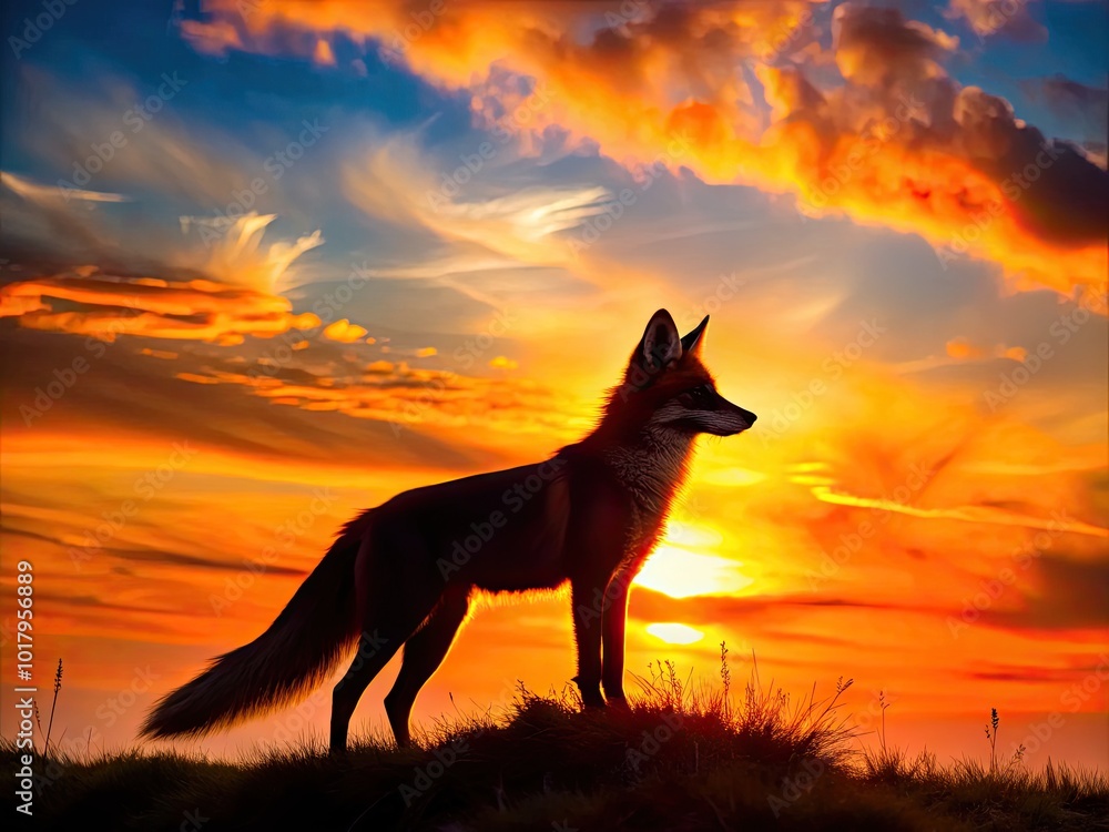Majestic Fox Silhouette Against a Vibrant Sunset Sky in Nature's Serene Landscape Scene Majestic Fox Silhouette Against a Vibrant Sunset Sky in Nature's Serene Landscape Scene