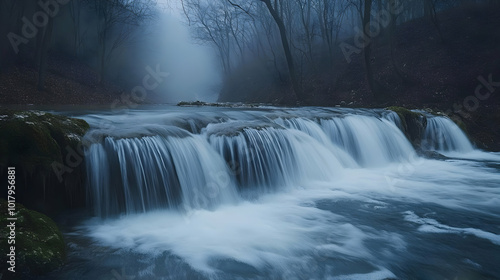 Misty Waterfall in a Forest.