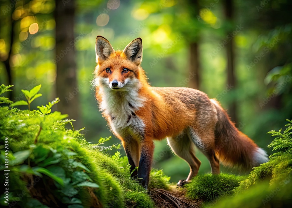 Fototapeta premium Majestic Fox with Vibrant Red Fur Roaming in a Lush Green Forest Under Soft Natural Light