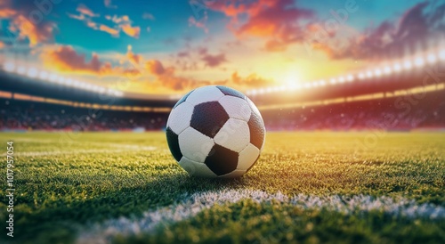 A close-up view of a soccer ball resting on a vibrant green pitch during suns...