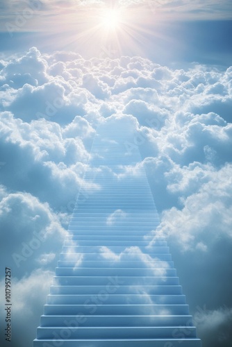 Stairway leading to bright sunlight above fluffy clouds on a clear day