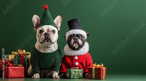 Dogs in Christmas costumes. Two French Bulldogs dresses up as funny Christmas tree and snowman with red gift boxes stock photo photo