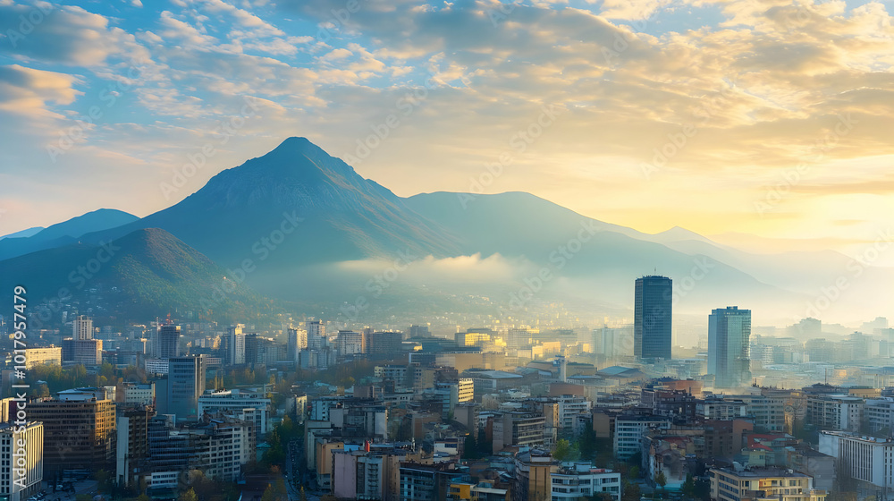 Naklejka premium Cityscape with Mountain Range at Sunset.