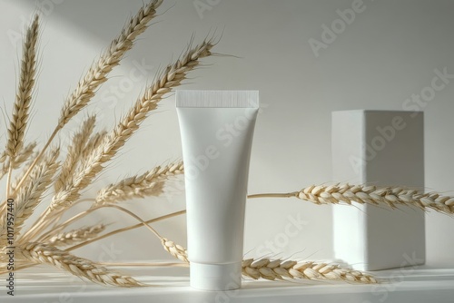 Minimalist skincare display with natural elements and soft lighting in a sere...