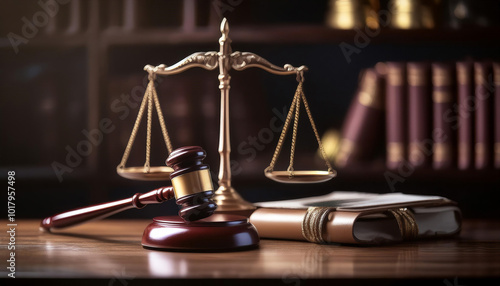 Law and justice, featuring symbols like a gavel, scales of justice, and legal documents symbolizing legal proceedings, fairness, and authority. 