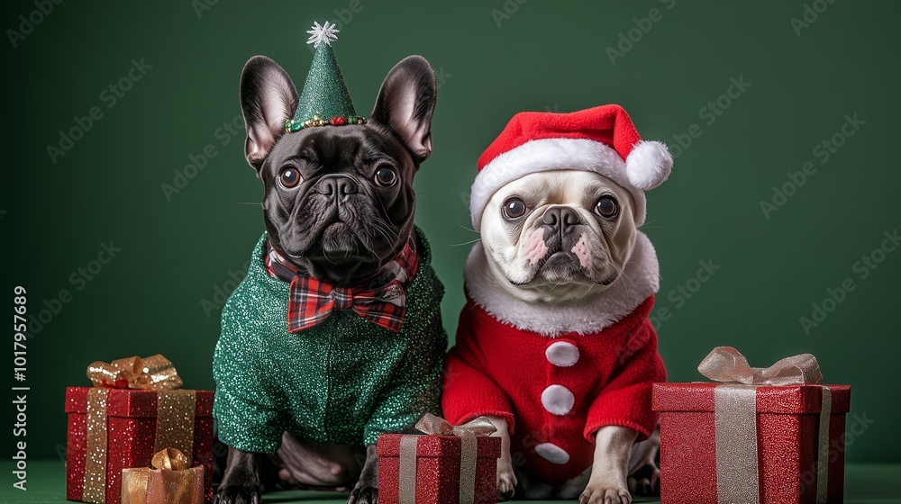 Dogs in Christmas costumes. Two French Bulldogs dresses up as funny Christmas tree and snowman with red gift boxes stock photo Dogs in Christmas costumes. Two French Bulldogs dresses up as funny Christmas tree and snowman with red gift boxes stock photo