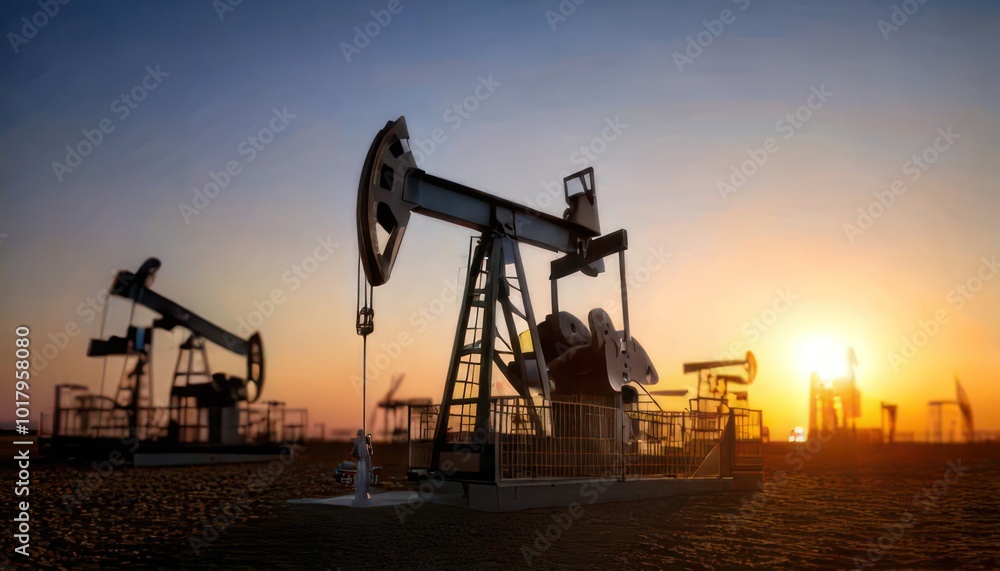 Oil pumps at sunset in a vast oil field. Oil industry. Oil pumps at sunset in a vast oil field. Oil industry.