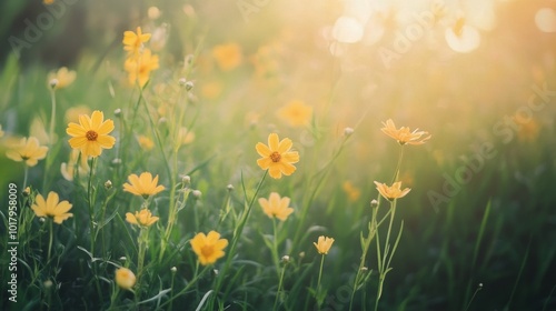 Bright yellow wildflowers bloom under the sun in a lush green meadow during g...