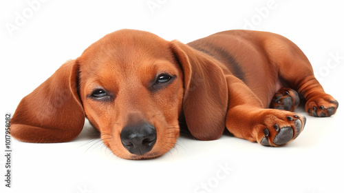 Adorable Dachshund Puppy Sleeping on White Background.