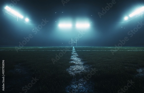 Nighttime view of an empty soccer field illuminated by floodlights in a foggy...