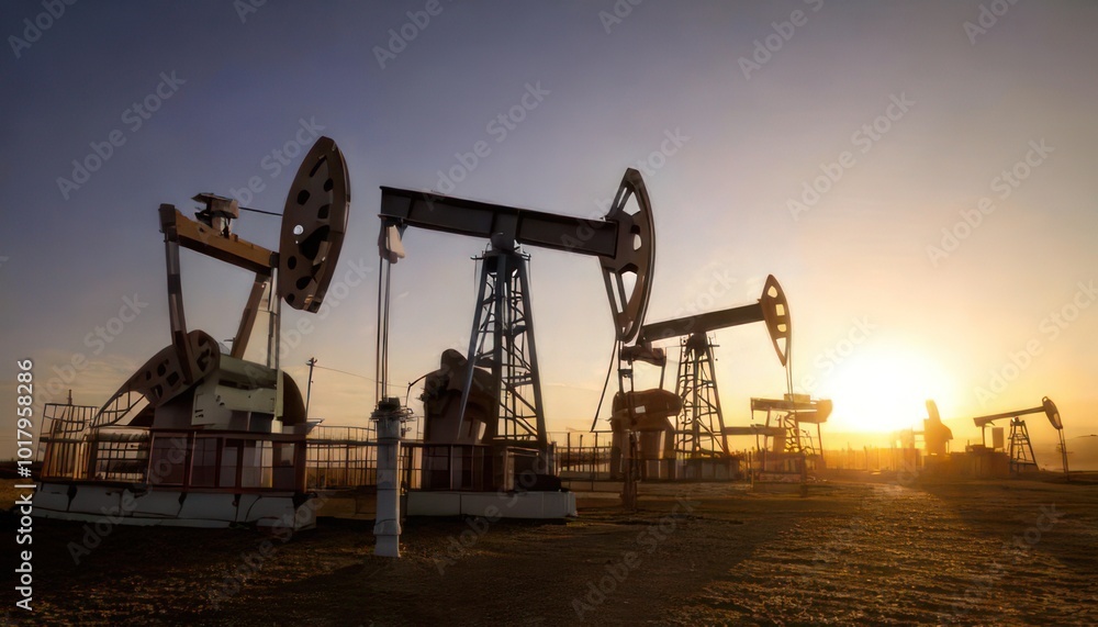 Oil pumps at sunset in a vast oil field. Oil industry. Oil pumps at sunset in a vast oil field. Oil industry.