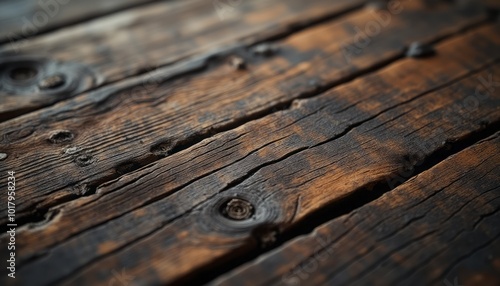 Close-up of dark, weathered wooden planks showcasing the natural texture and grain, perfect for background use. The image highlights rustic and vintage elements.