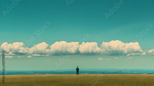 Man Standing Alone in Field with Clouds.