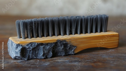 Bamboo toothbrush resting on a textured black stone surface in natural light