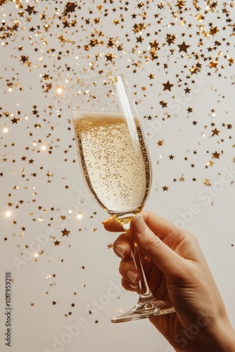 Celebrating with a glass of sparkling wine surrounded by golden stars for a f...