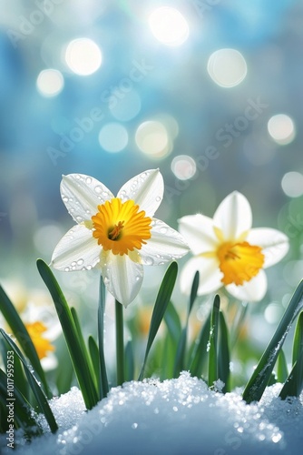Fresh daffodils blooming in a snowy landscape during a bright spring morning