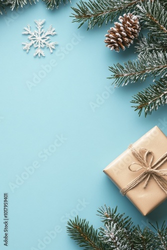 Wallpaper Mural A beautifully wrapped gift surrounded by evergreen branches and winter decor on a blue background Torontodigital.ca
