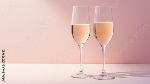 Elegant display of two glasses of sparkling wine on a softly lit pink background