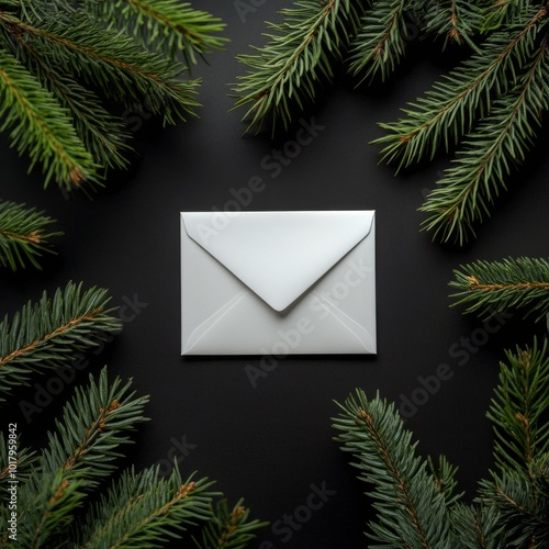A simple white envelope surrounded by pine branches and cones for festive hol...