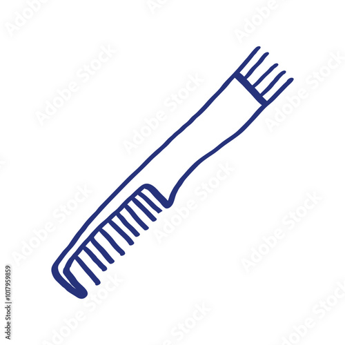 Comb. Hand drawn sketch. Blue pen or marker drawing. Primitive kids picture. Hairdressing equipment. Professional hair dresser tool. Vector illustration. Barber symbol