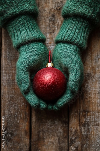 Warm hands holding a shiny red Christmas ornament on rustic wooden background...