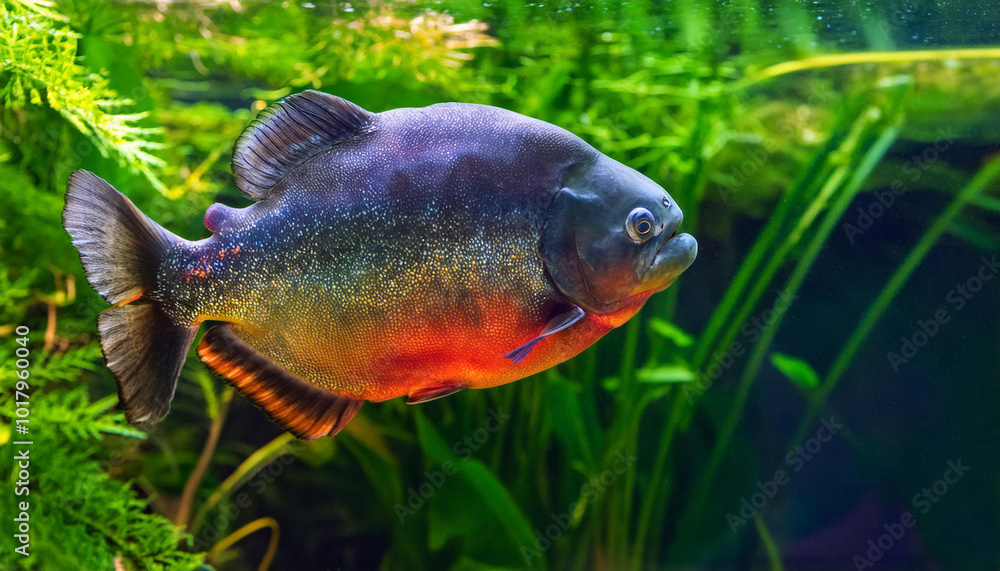 A Single Red-Bellied Piranha Swimming in a Water With Green Plants and Copy Space A Single Red-Bellied Piranha Swimming in a Water With Green Plants and Copy Space