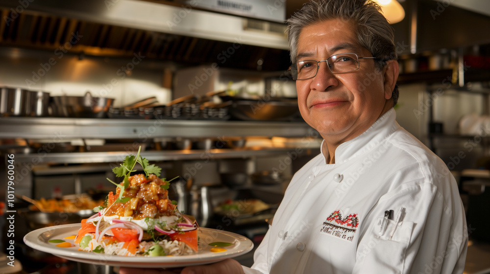 Chef holding a plate of beautifully arranged gourmet food, with a satisfied smile, symbolizing high food expectations and culinary excellence Chef holding a plate of beautifully arranged gourmet food, with a satisfied smile, symbolizing high food expectations and culinary excellence