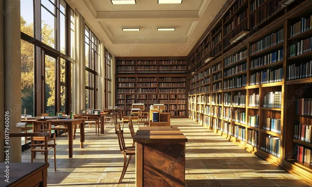 Sunlit Library Interior with Bookshelves Sunlit Library Interior with Bookshelves