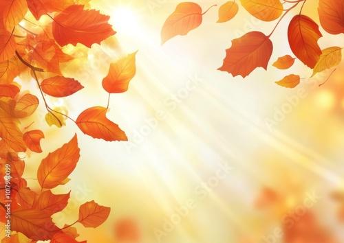 Autumn leaves glow softly in the sunlight near a tranquil body of water durin...