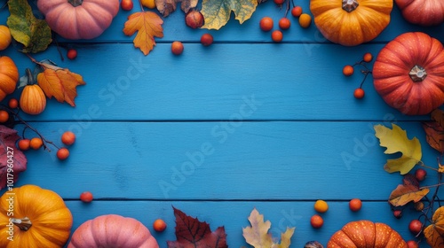 Colorful autumn decorations with pumpkins and berries on a blue wooden backgr...