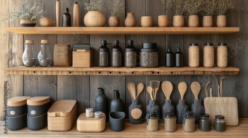Organized kitchen shelving showcasing jars and containers filled with various...